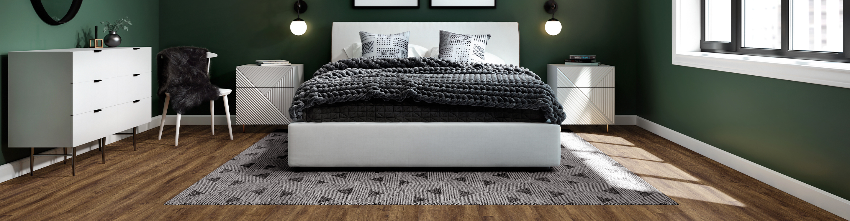 patterned carpet area rug on a wood-look floor