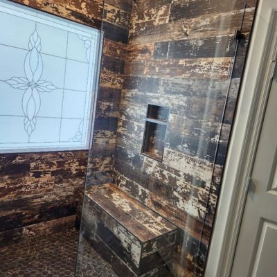 custom wood look tile shower remodel in Denham Springs LA
